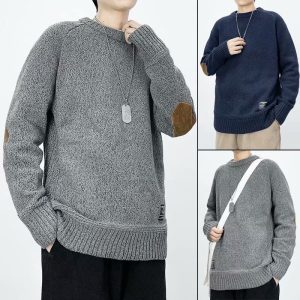 Men Casual Round Neck Long Sleeve Large Size Loose Thick Sleeve Patch Knit Sweater