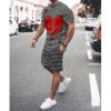 Men Plus Size Casual Short Sleeve Round Neck Graphic Printed Loose T-Shirt And Drawstring Waist Shorts Two-Piece Set