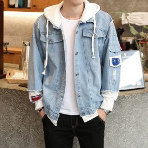 Men Casual Long Sleeve Hat Rope False Two-Piece Single-Breasted Loose Denim Hooded Coat