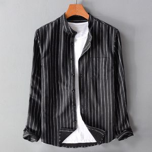 Men Casual Lapel Long-Sleeved Stripe Plus Size Shirt