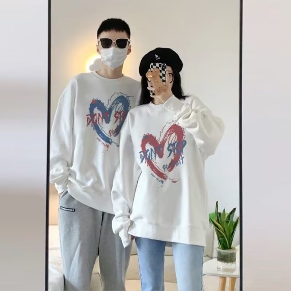 Couple Casual Round Collar Long Sleeve Graphic Heart Printed Sweatshirt