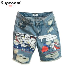 Mens Jeans Print Light Jean Shorts Men Ulzzang Summer Pattern Length Zipper Fly Stonewashed