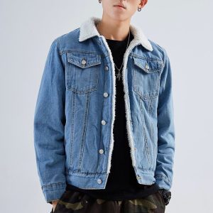 Men Autumn And Winter Lapel Long Sleeve Single Breasted Loose Solid Color Thicken Denim Jacket