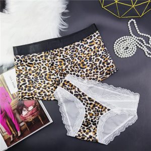 2Pcs Sexy Leopard Pattern Couple Panties Men Underwear Boxers Transparent Lace Ice Silk Women Briefs Lingerie Underpant Shorts