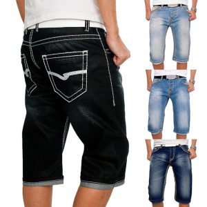 Men Casual Summer Straight Denim Shorts Streetwear Knee Length Loose Denim Pants