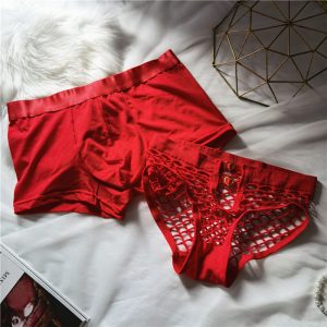 2Pcs New Year Red Couple Lovers Men Boxer Shorts Sexy Hollow Out Women Briefs Underwear Transparent Breathable Panties