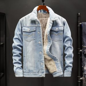 Men Casual Lapel Long-Sleeved Single-Breasted Solid Color Fleece Thickened Denim Jacket