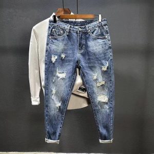 Men Casual Ripped Thin Slim Straight Cropped Jeans