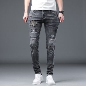 Men Casual Printed Solid Color Slight-Elasticity Skinny Jeans
