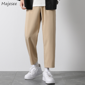 Men Casual Solid All-Match Pockets Elastic Waist Leisure Loose Chic Straight Lightweight Classic Retro Pants