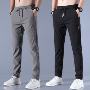 Men Ice Silk Trousers Solid Color Mid-Waist Loose Breathable Straight-Leg Casual Thin Quick-Drying Sports Pants
