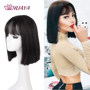 Synthetic Short Straight BOb Wigs With Air Bangs Girl'S Pixie Cut Wig Natural Black Heat Resistant Fiber BOb False Hair