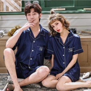 Couple Ice Silk V-Neck Cardigan Imitation Silk Homewear Satin Pajamas 2 Pieces/Set
