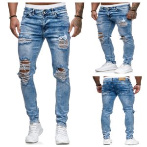 Men Fashion Elastic Ripped Skinny Jeans