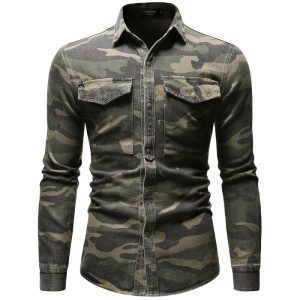 Men Fashion Lapel Long Sleeve Camouflage Denim Shirt