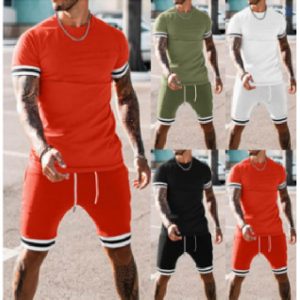 Men Casual Simple Color Matching Round Neck Sports T-Shirt Shorts Slim Sets