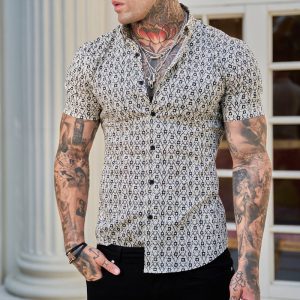 Men Summer Slim Fashion Stretch 3D Print Lapel Short Sleeve Shirt