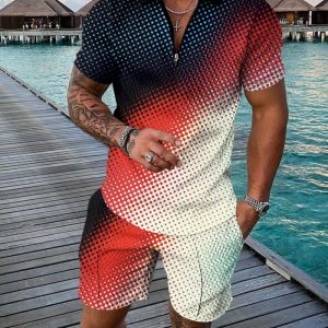 Men Casual Color Contrast Zip Lapel Shirt Short Sleeve Set
