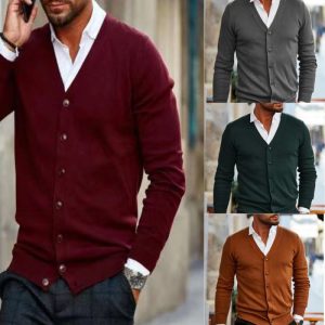 Men Autumn And Winter Fashion Solid Color V-Neck Single Breasted Long Sleeves Knit Cardigan