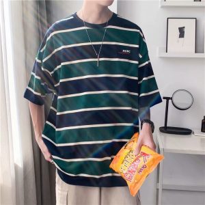 Men Plus Size Casual Short Sleeve Round Neck Stripe Printed Color Blocking T-Shirt