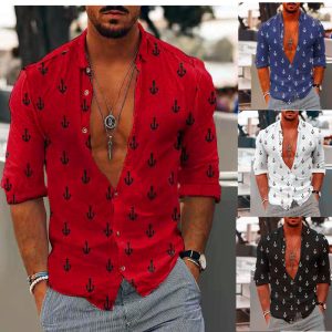 Men Plus Size CasualLong Sleeve Lapel Single-Breasted Irregular Anchor Printed Shirt