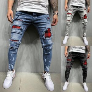 Men Fashion Blue Ripped Printed Patch Stretch Skinny Jeans