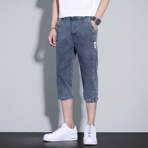 Men Casual Simple Patch Mid Waist Straight Loose Cropped Jeans