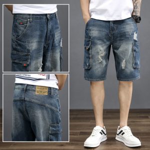 Men Casual Simple Ripped Design Mid-Waist Straight Loose Denim Shorts