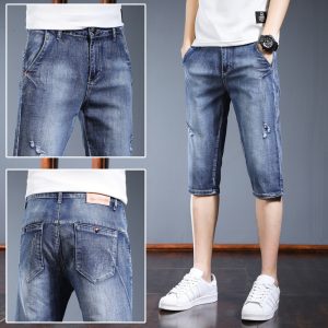 Men Casual Simple Ripped Design Mid-Waist Straight Slim Cropped Jeans