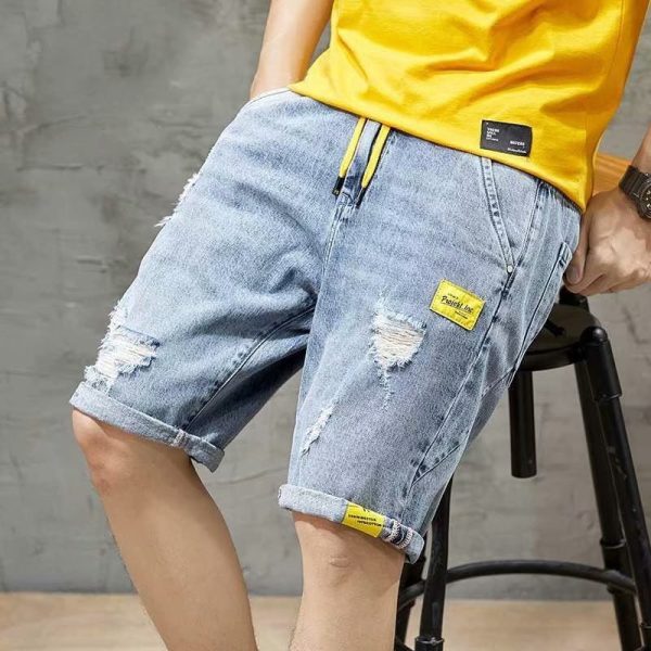 Men Casual Mid Waist Drawstring Logo Applique Straight Ripped Denim Shorts