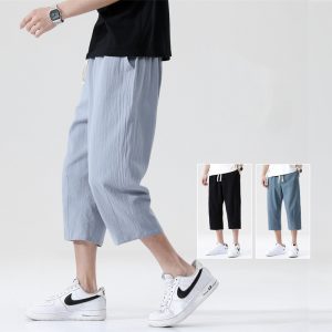 Men Summer Cropped Pants Thin Casual Sports Straight Cropped Pants Solid Color Loose Linen Cropped Pants