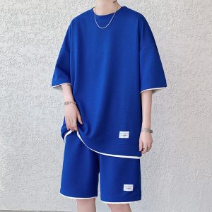 Men Casual Solid Color Waffle Patch Round Neck Short-Sleeved Top Loose Mid-Waist Tethered Shorts Set