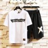 Men Plus Size Casual Short Sleeve Round Neck Letter Printed T-Shirt And Drawstring Waist Shorts Two-Piece Set