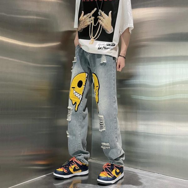 Men Casual Ripped Loose Straight Skull Pattern Jeans