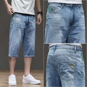 Men Casual Simple Mid Waist Straight Loose Cropped Jeans