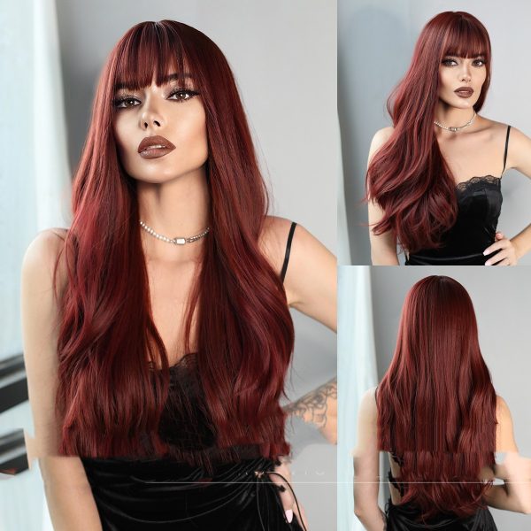 Women'S Fashion Bangs Long Curly Hair Burgundy Wig Head Cover