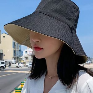 Women Sunshade Double-Sided Fisherman Hat Fashion Simple Large Brim Sunscreen Solid Bucket Hat