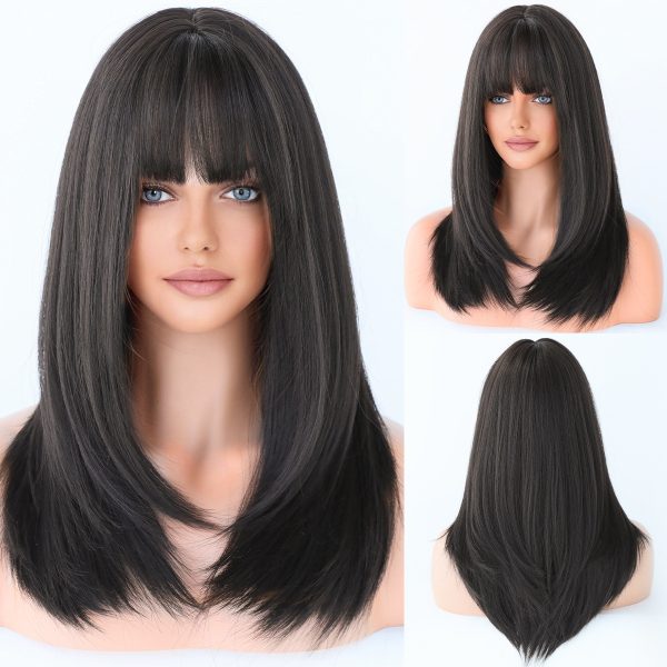 Women'S Natural Full Headgear Long Straight Hair Inner Buckle Air Bangs Wig