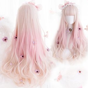 Synthetic Ombre Pink Color Lolita Long Wavy Curly Wigs With Bangs Cute Girl Daily Party Cosplay Wig