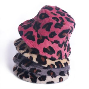 Women Fashion Warm Plush Leopard Bucket Hat