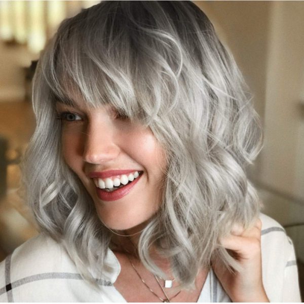 Women'S Bob Short Curly Hair Gradient Silver Grey Rose Mesh Chemical Fiber Wig Headgear