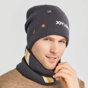Men Warm Velvet Knitted Embroidered Letters Hat And Scarf Set