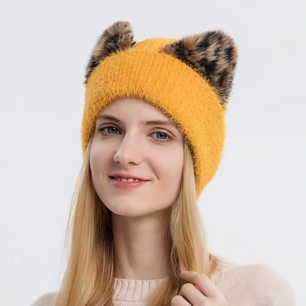 Women Cute Cat Ears Leopard Knitted Beanies Hat