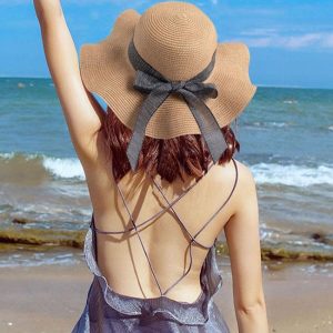 Woemn Fashion Straw Bowknot Summer Beach Travel Sunshade Hat