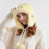 Women Cute Cartoon Solid Color Cat Ears Plush Cold-Proof Pompom Cap