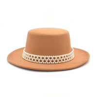 Women Fashion Retro Solid Color Flat Top Pearl Decorative Fedora Hat