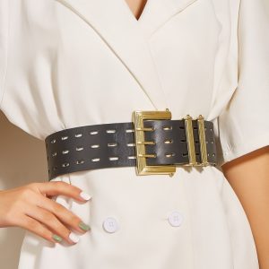 Women Fashion Hollow Gold Large Buckle Wide Belt