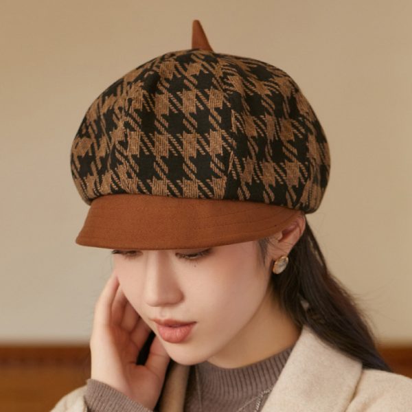 Women Fashion Houndstooth Pumpkin Shape Beret Hat