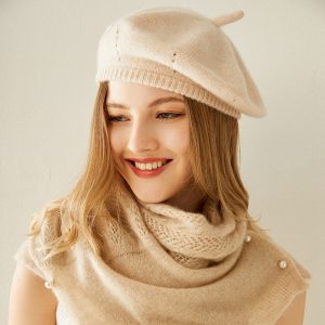Women Winter 100% Cashmere Solid Color Retro Beret Hat