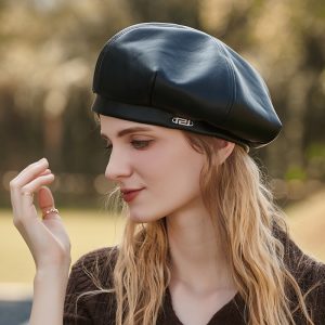 Women Fashion Pu Leather Solid Color Octagonal Beret